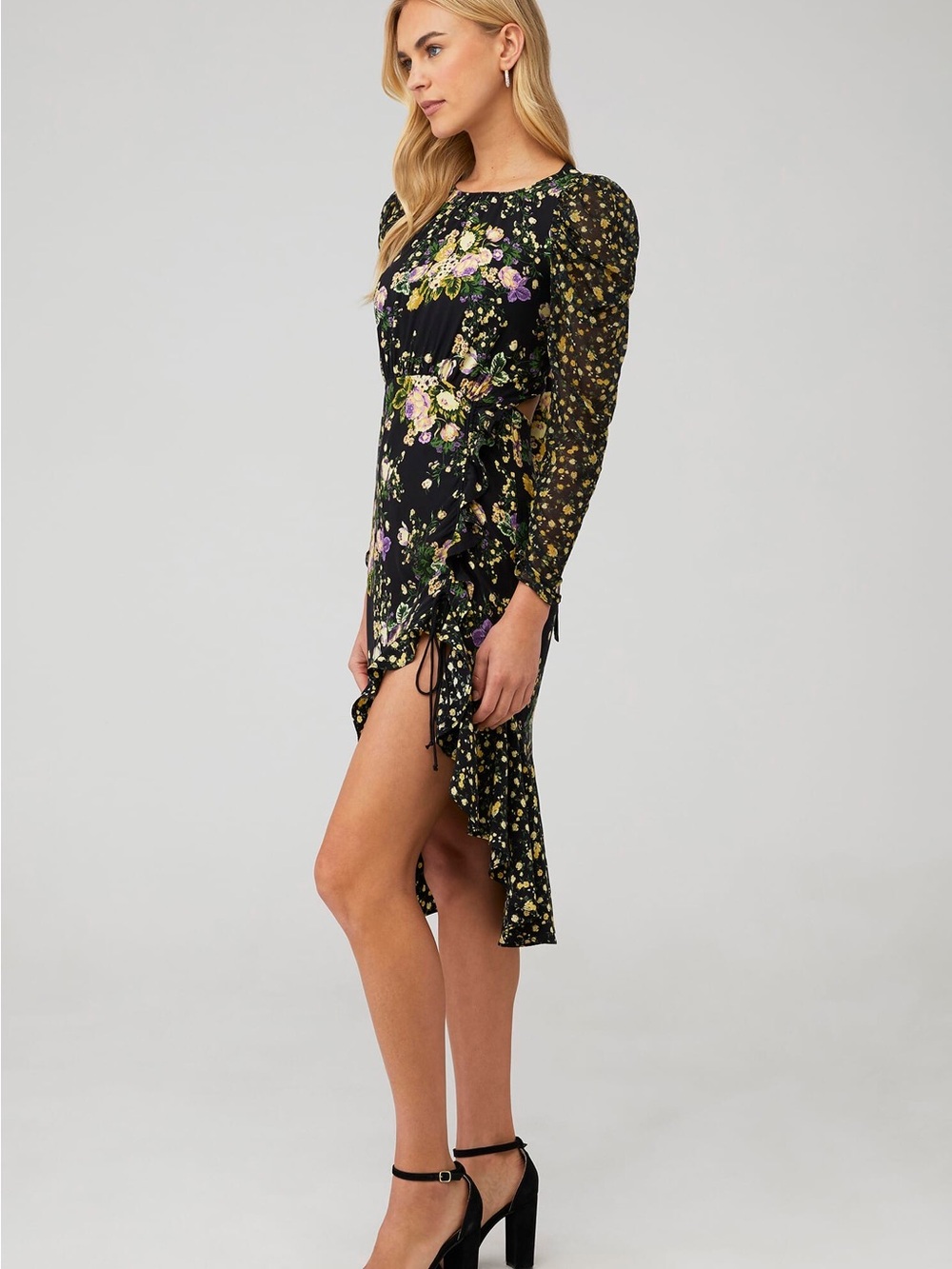 FOR LOVE AND LEMONS Ross Black Floral Asymmetrical Midi Dress - Picture 4 of 8